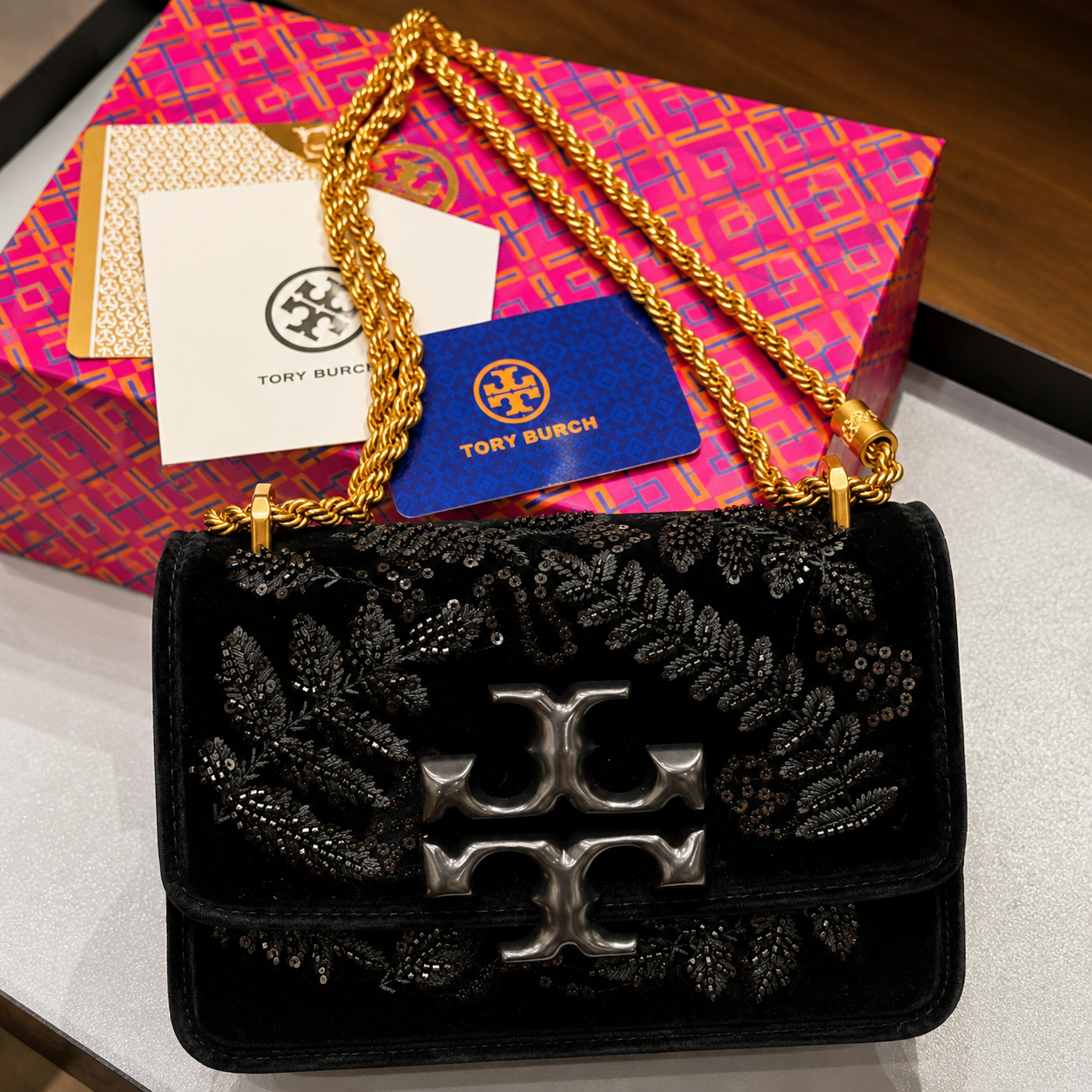 Tory Burch Embroidered Velvet Chain Bag