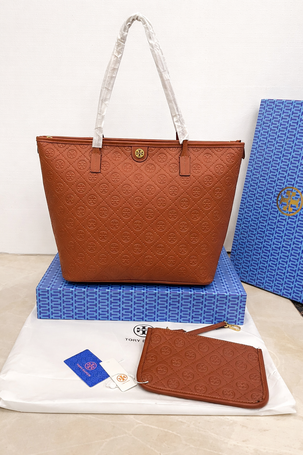 Tory Burch Fleming Embossed Tote Bag with Pouch (2 PC)