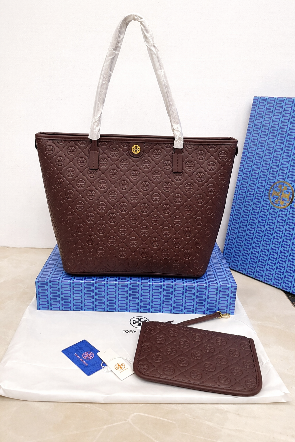 Tory Burch Fleming Embossed Tote Bag with Pouch (2 PC)