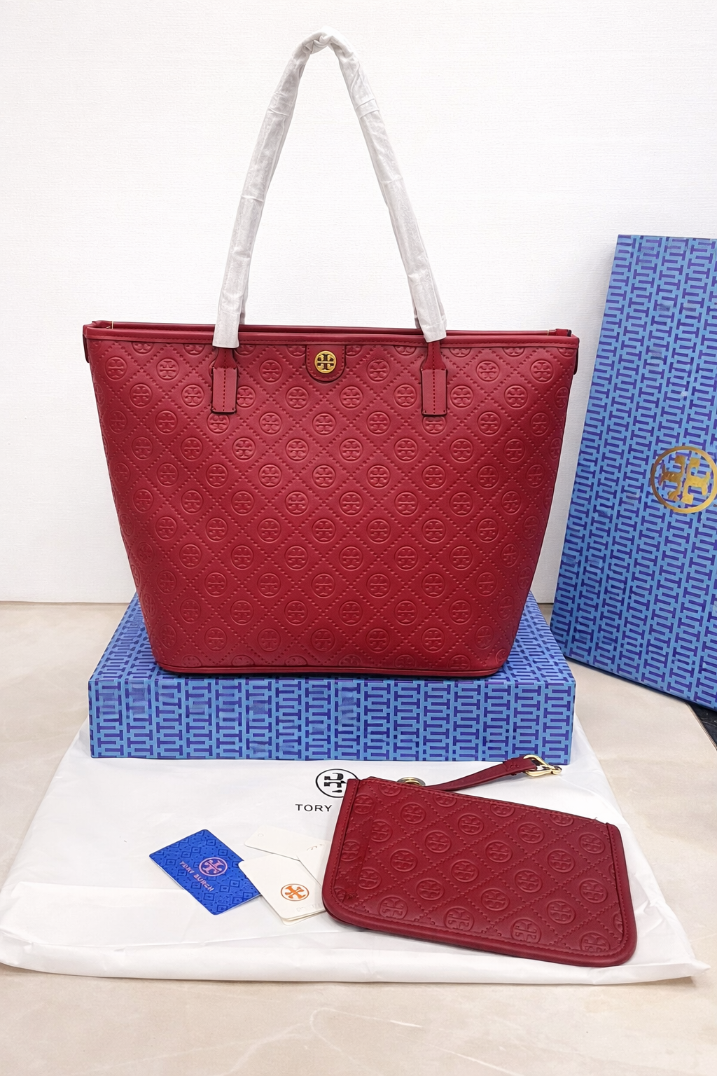 Tory Burch Fleming Embossed Tote Bag with Pouch (2 PC)