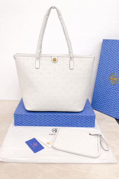 Tory Burch Fleming Embossed Tote Bag with Pouch (2 PC)
