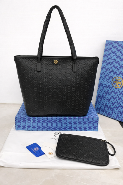 Tory Burch Fleming Embossed Tote Bag with Pouch (2 PC)