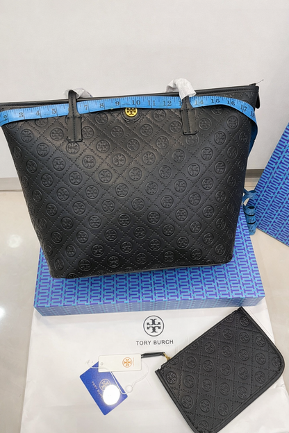 Tory Burch Fleming Embossed Tote Bag with Pouch (2 PC)