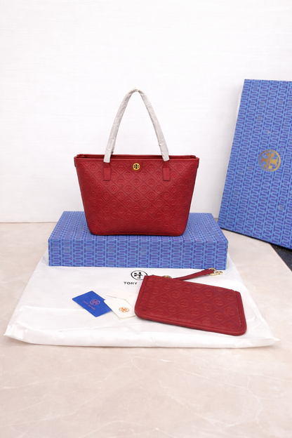 Tory Burch Fleming Embossed Tote Bag with Pouch (2 PC)
