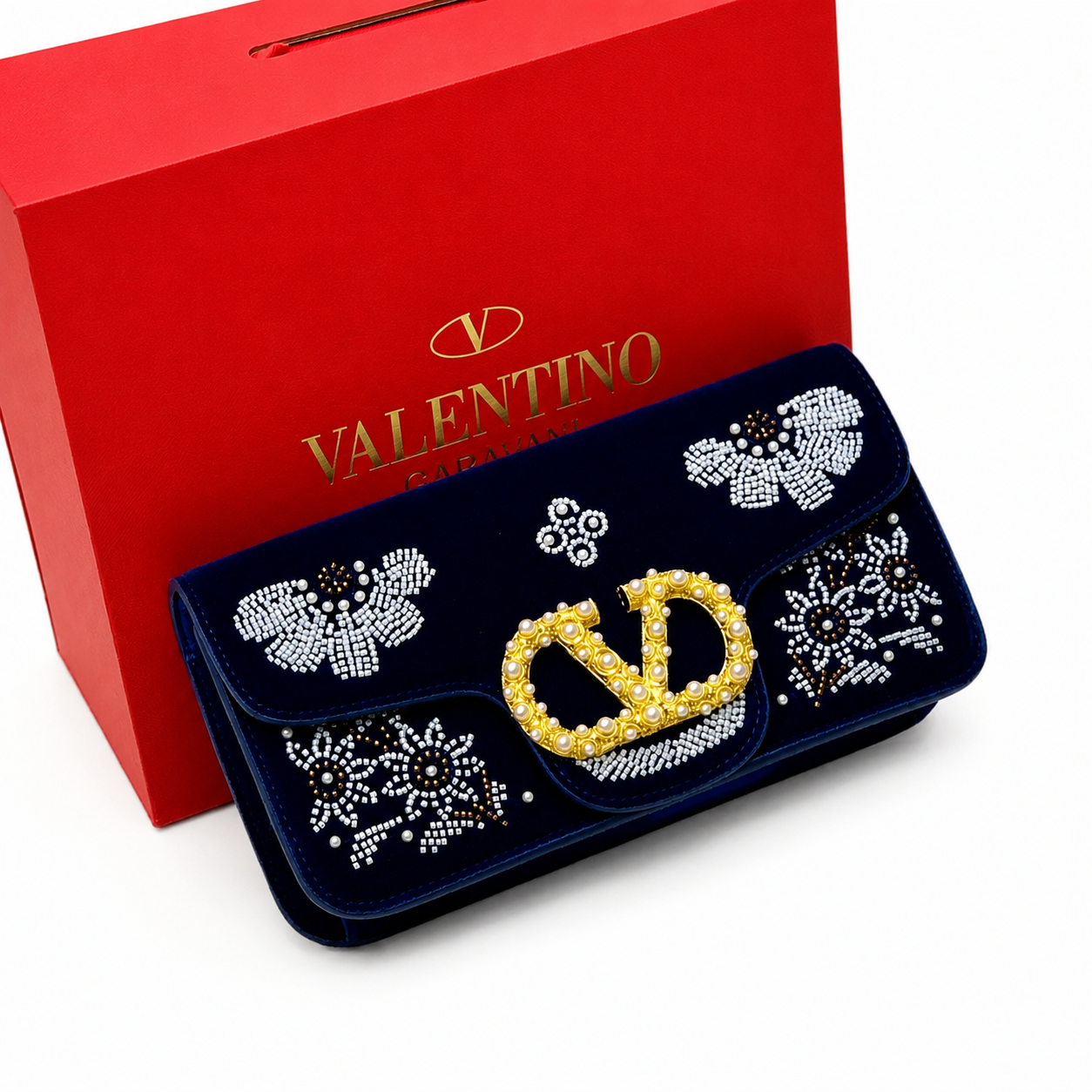 Valentino Garavani VLogo Pearl Embellished Velvet Clutch