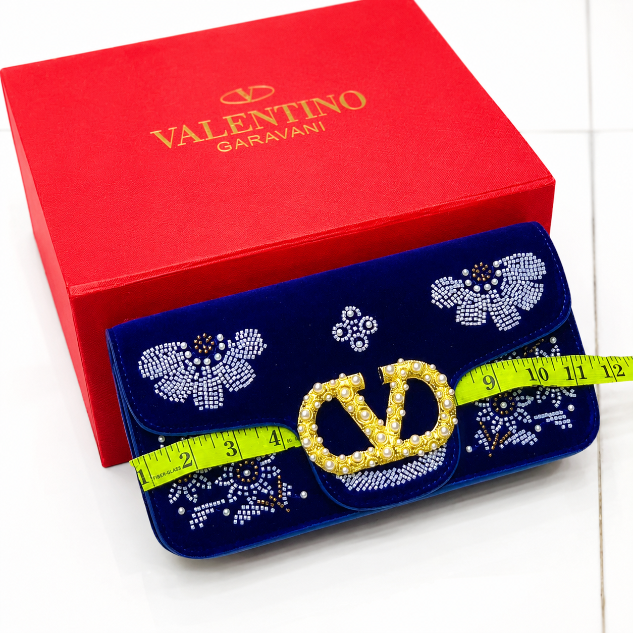 Valentino Garavani VLogo Pearl Embellished Velvet Clutch
