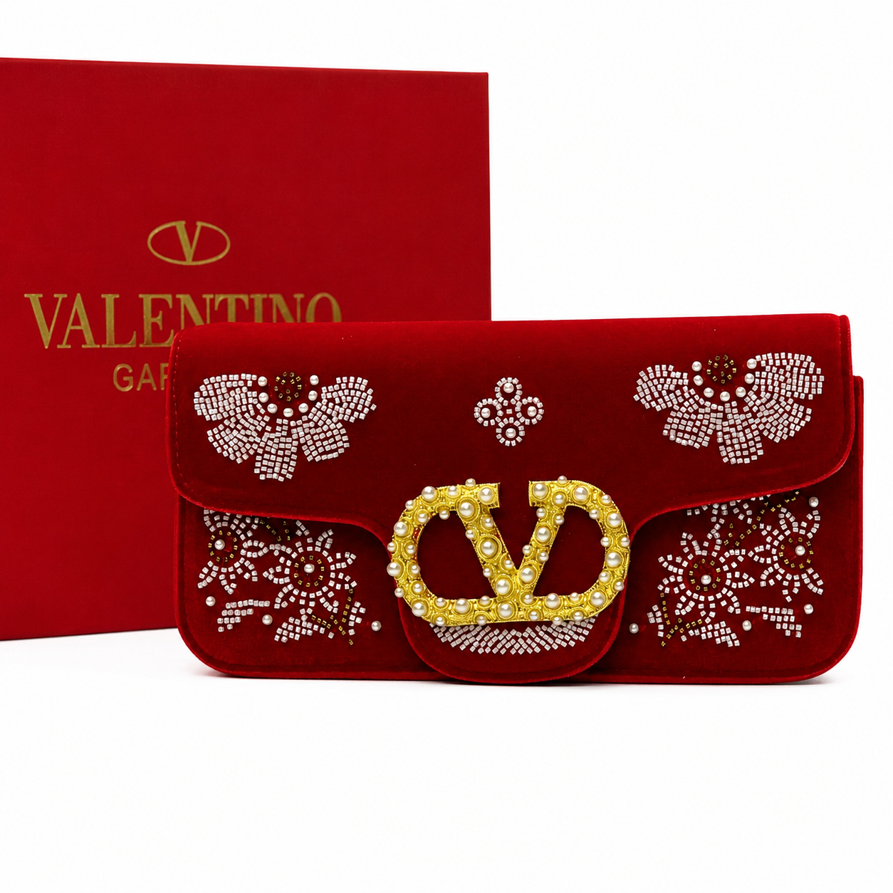 Valentino Garavani VLogo Pearl Embellished Velvet Clutch