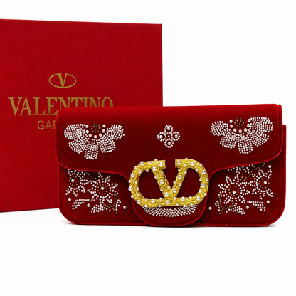 Valentino Garavani VLogo Pearl Embellished Velvet Clutch