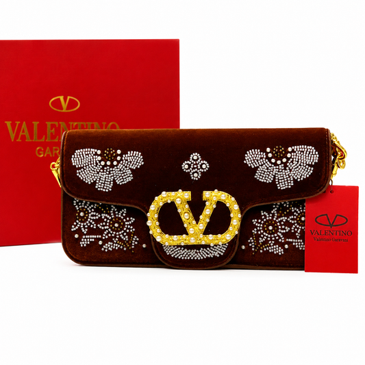 Valentino Garavani VLogo Pearl Embellished Velvet Clutch