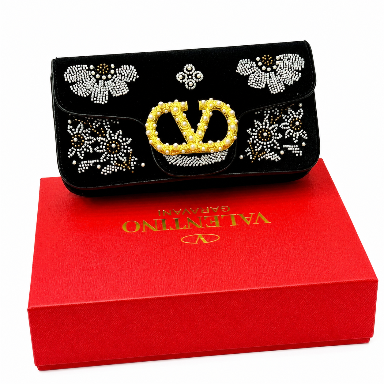 Valentino Garavani VLogo Pearl Embellished Velvet Clutch