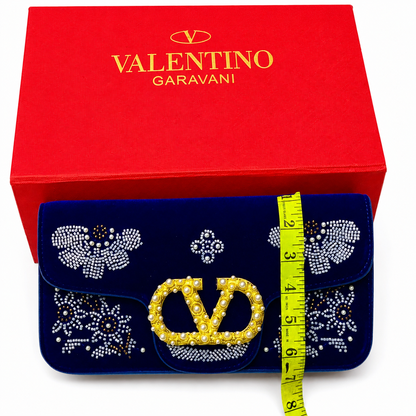 Valentino Garavani VLogo Pearl Embellished Velvet Clutch