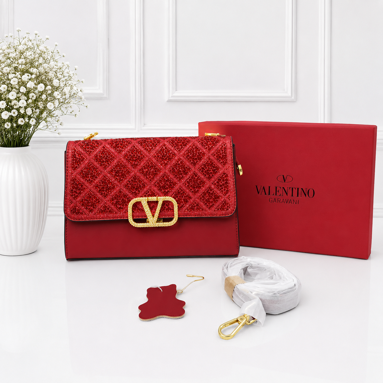 Valentino VLogo Crystal Quilted Crossbody Clutch Bag