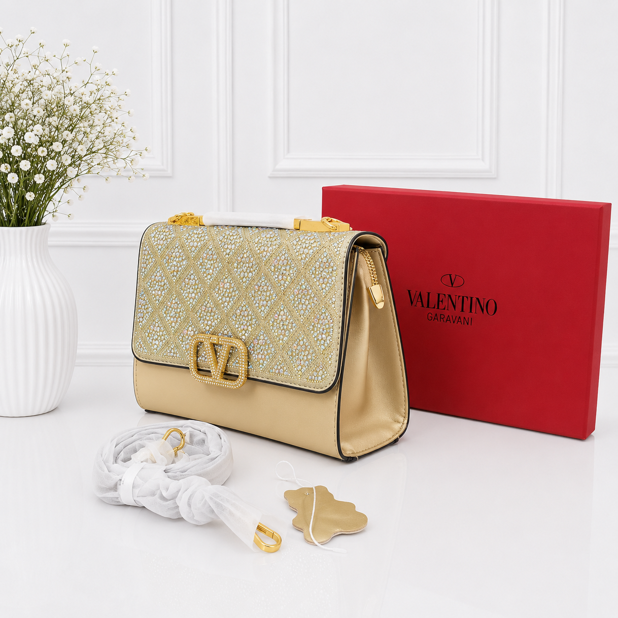 Valentino VLogo Crystal Quilted Crossbody Clutch Bag