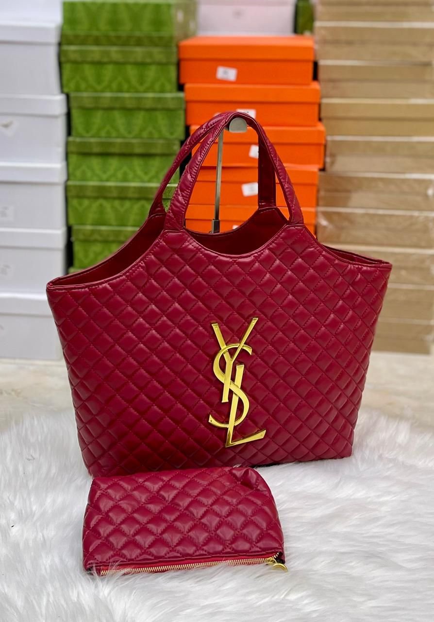 YSL Quilted Monogram Tote Bag with Matching Pouch