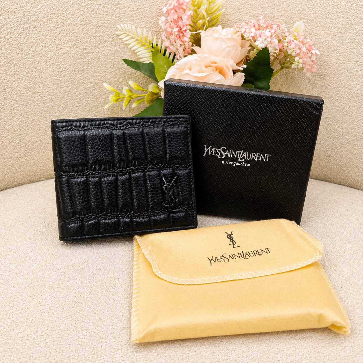 YSL Saint Laurent Croc Embossed Premium Leather Bifold Wallet