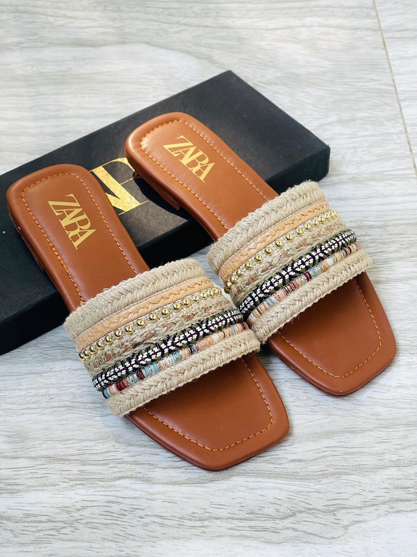 ZARA Beaded Raffia Flat Slides