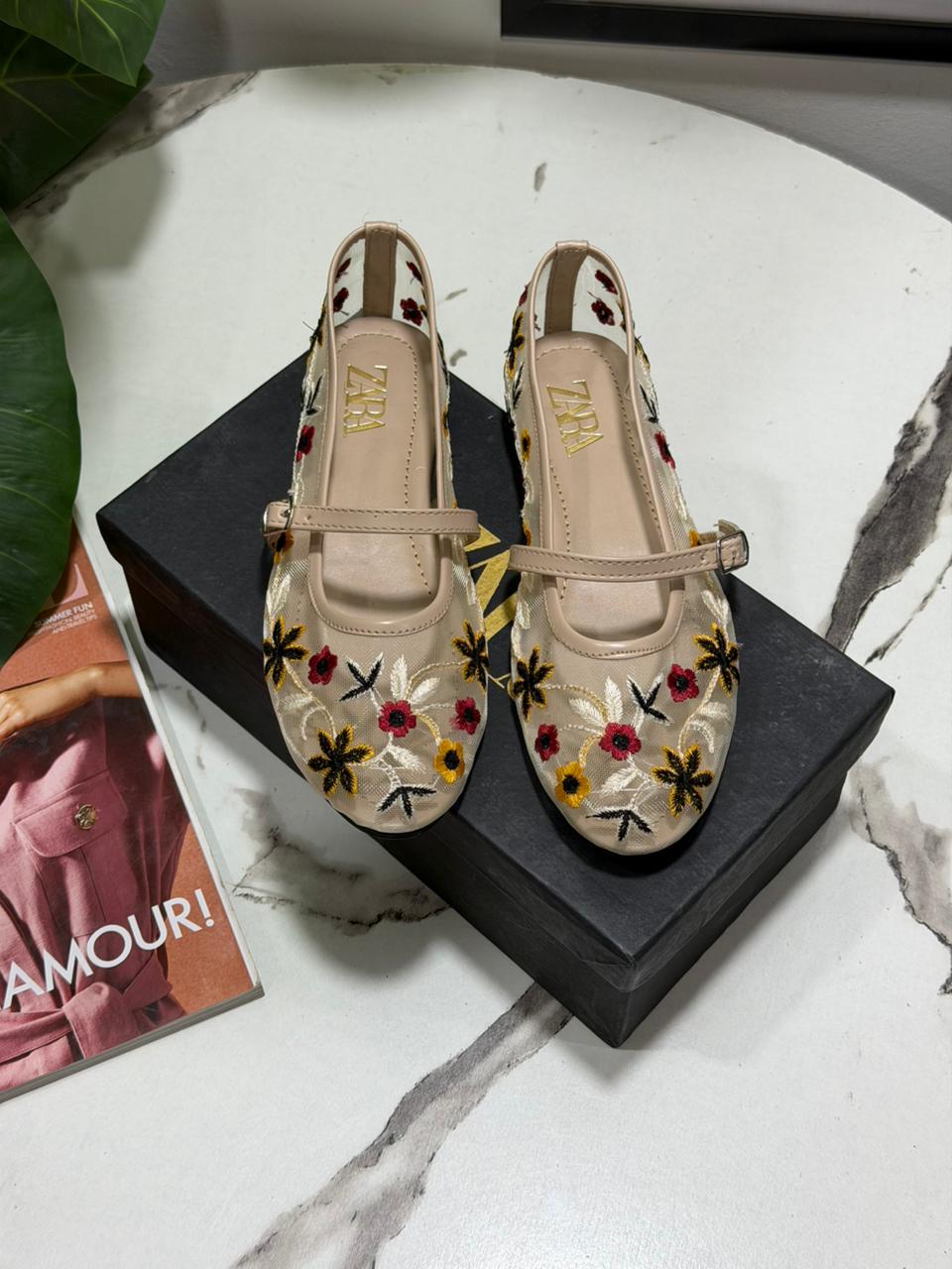 ZARA Floral Embroidered Mary Jane Flats – Elegant Casual Comfort Shoes