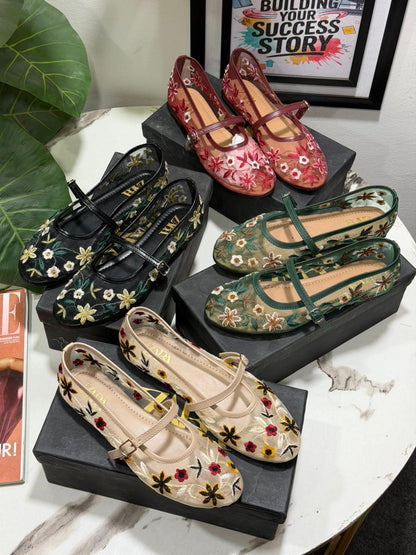 ZARA Floral Embroidered Mary Jane Flats – Elegant Casual Comfort Shoes