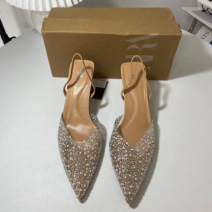 Zara High-Heel Slingback Shoes with Faux Pearls