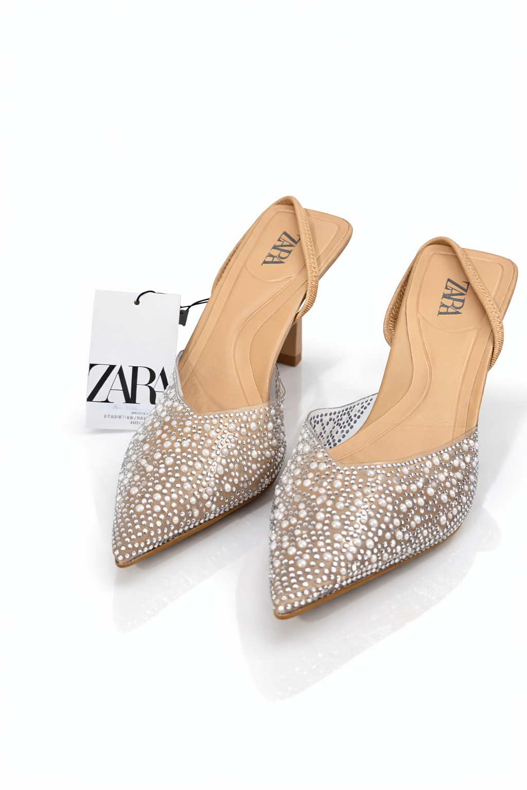 Zara High-Heel Slingback Shoes with Faux Pearls