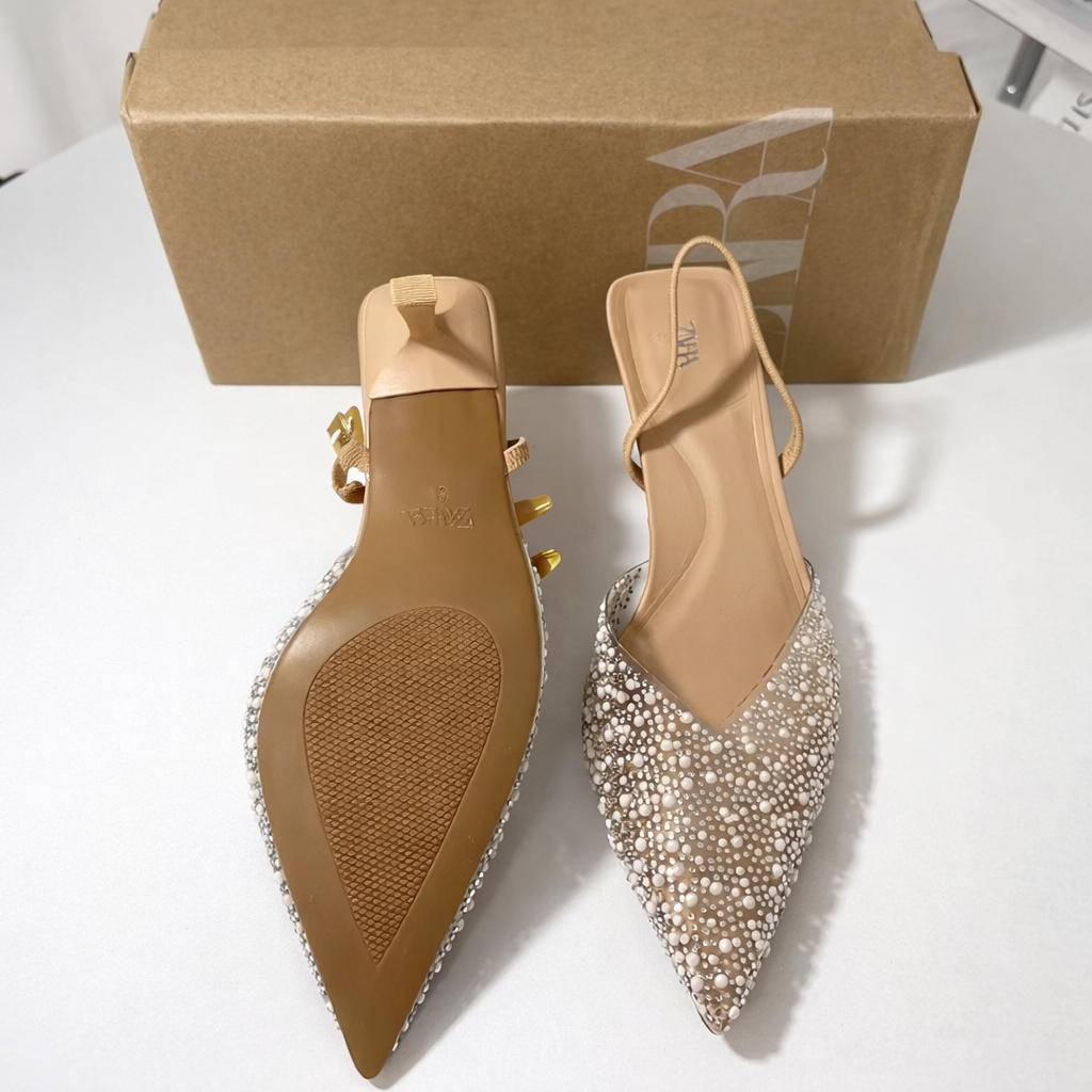 Zara High-Heel Slingback Shoes with Faux Pearls