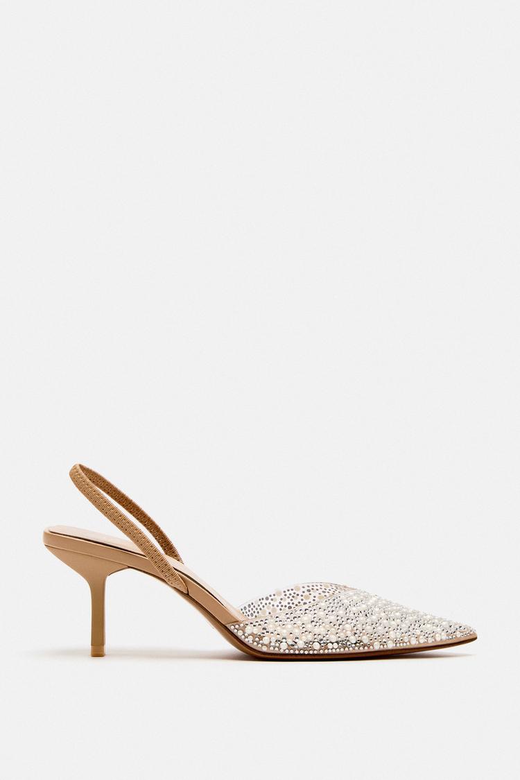 Zara High-Heel Slingback Shoes with Faux Pearls