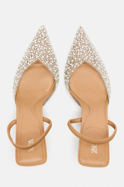 Zara High-Heel Slingback Shoes with Faux Pearls