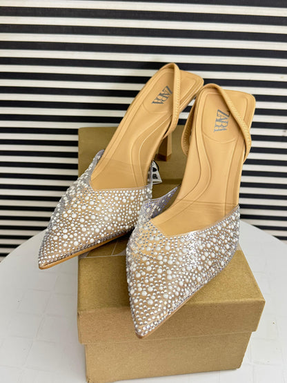 Zara High-Heel Slingback Shoes with Faux Pearls