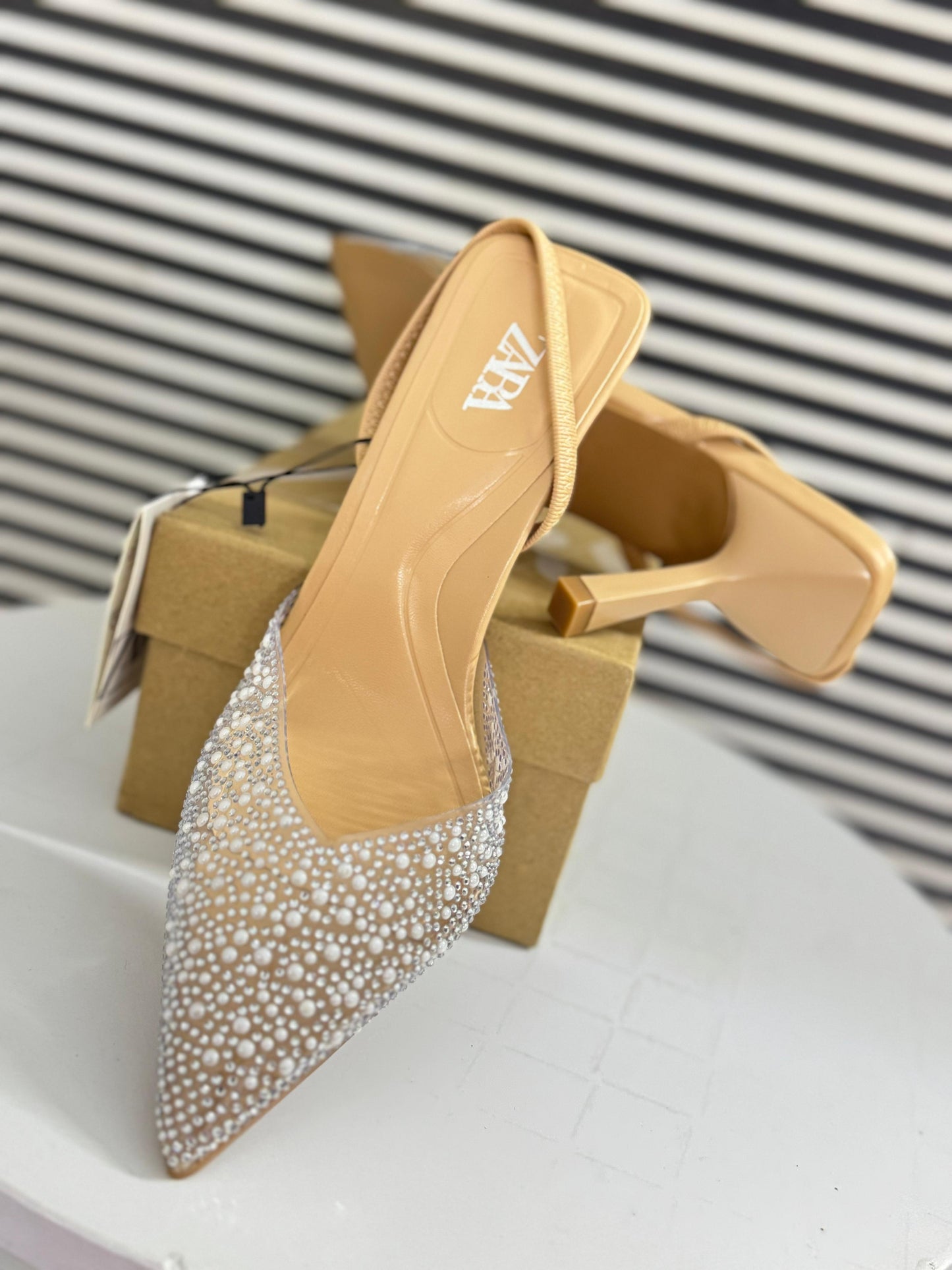 Zara High-Heel Slingback Shoes with Faux Pearls