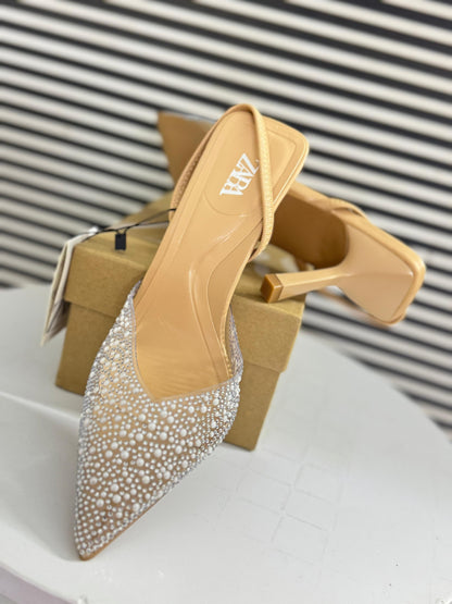 Zara High-Heel Slingback Shoes with Faux Pearls