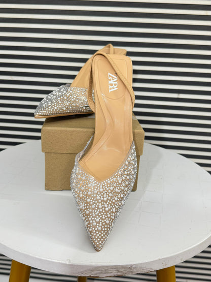 Zara High-Heel Slingback Shoes with Faux Pearls