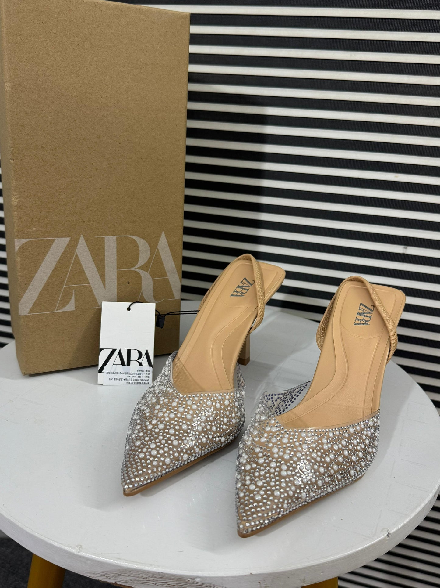 Zara High-Heel Slingback Shoes with Faux Pearls