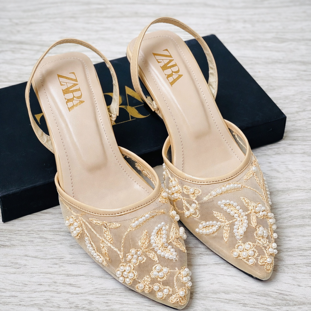 ZARA Pearl Embroidered Mesh Slingback Heels