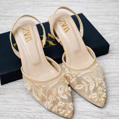 ZARA Pearl Embroidered Mesh Slingback Heels