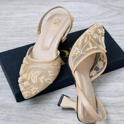 ZARA Pearl Embroidered Mesh Slingback Heels