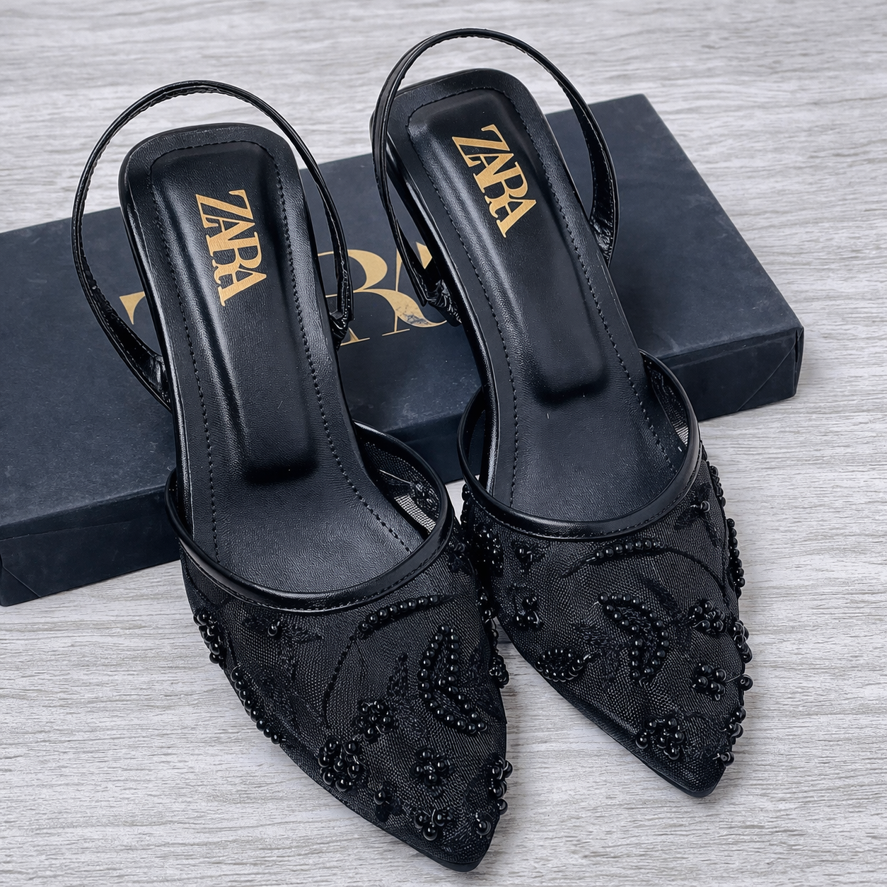 ZARA Pearl Embroidered Mesh Slingback Heels