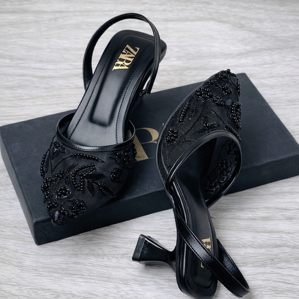 ZARA Pearl Embroidered Mesh Slingback Heels