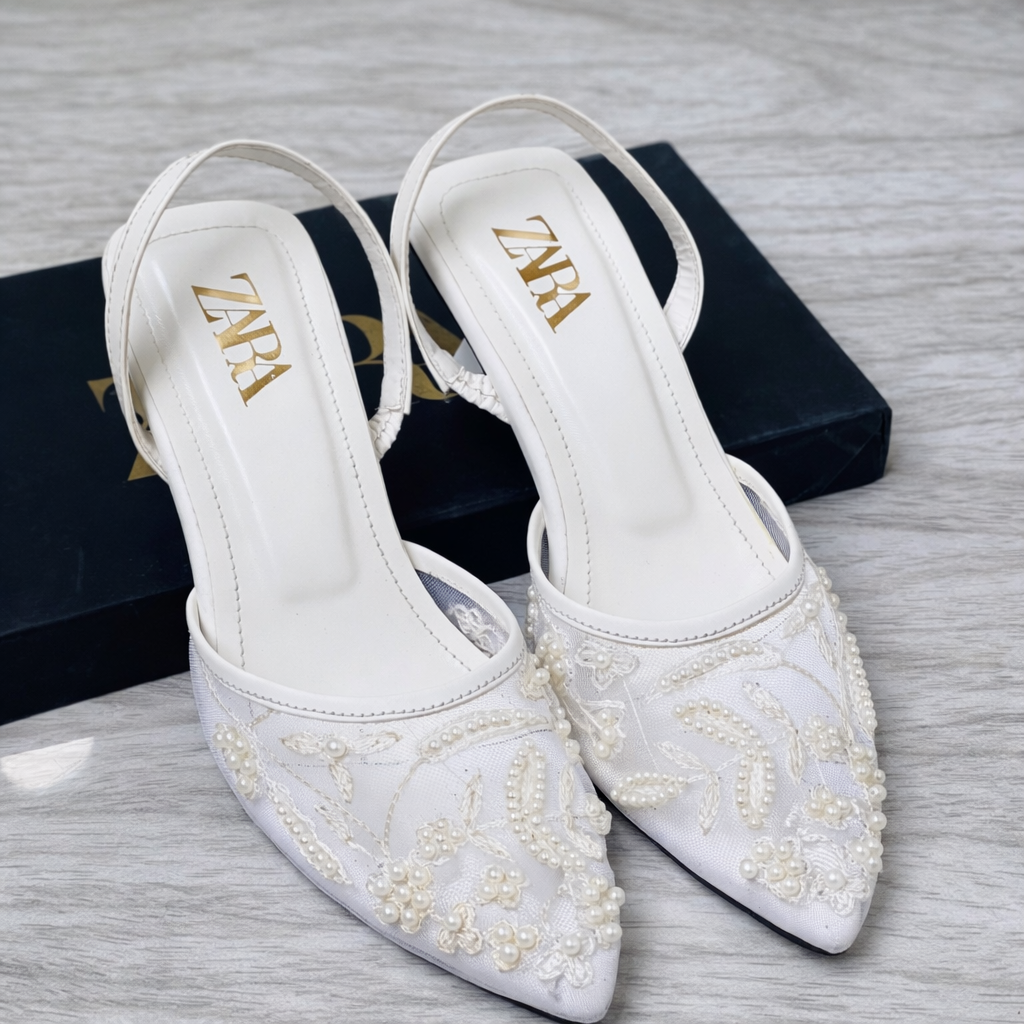 ZARA Pearl Embroidered Mesh Slingback Heels