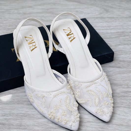 ZARA Pearl Embroidered Mesh Slingback Heels