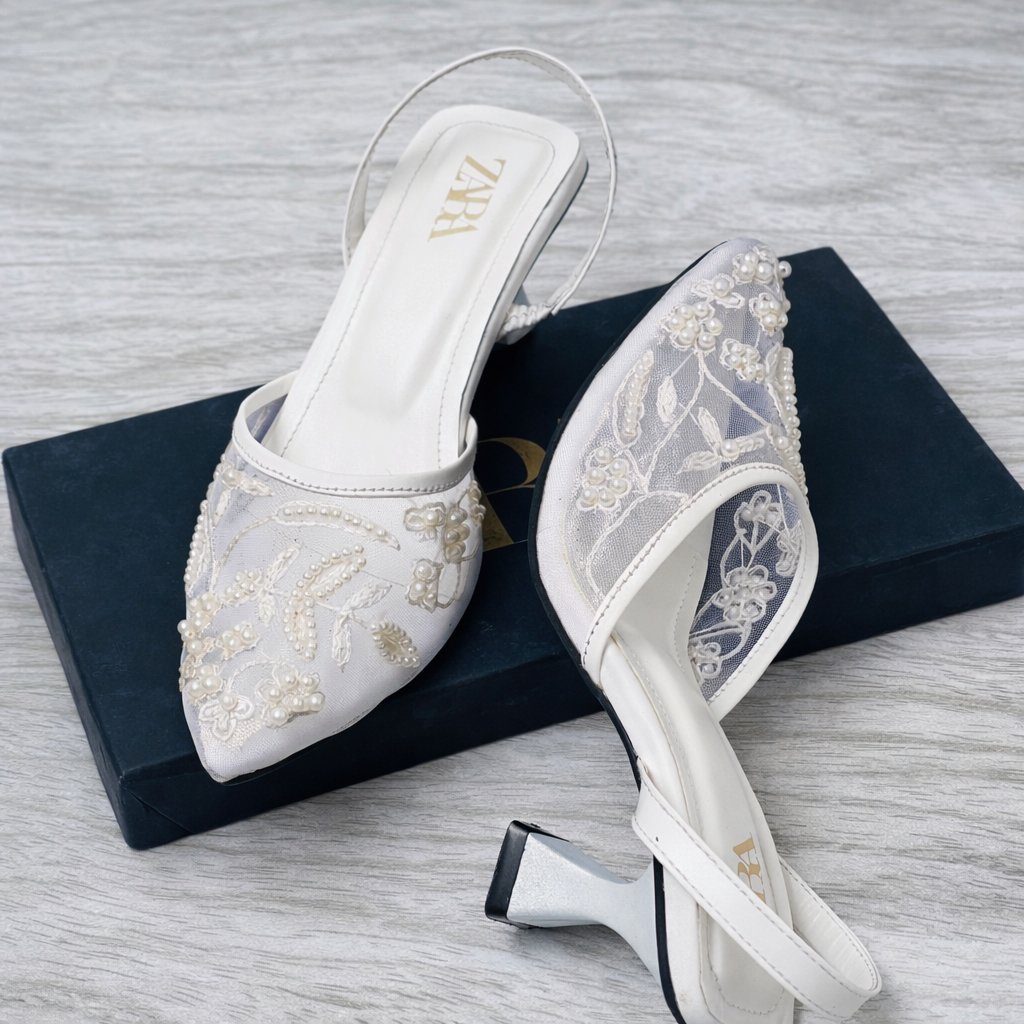 ZARA Pearl Embroidered Mesh Slingback Heels
