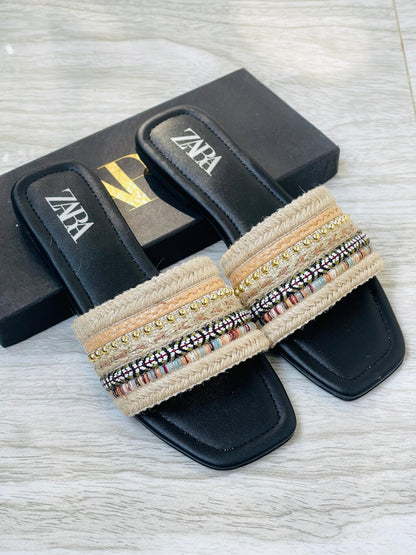 ZARA Beaded Raffia Flat Slides