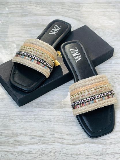 ZARA Beaded Raffia Flat Slides