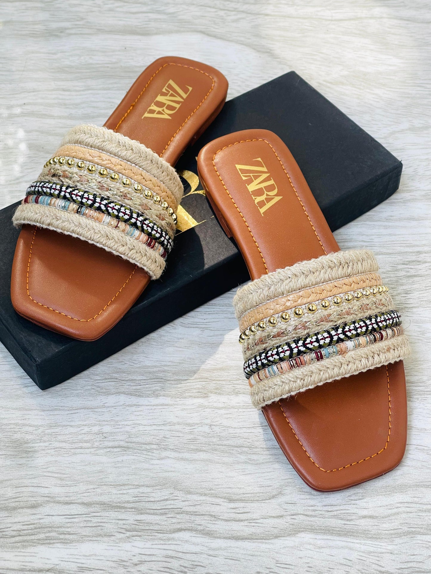 ZARA Beaded Raffia Flat Slides