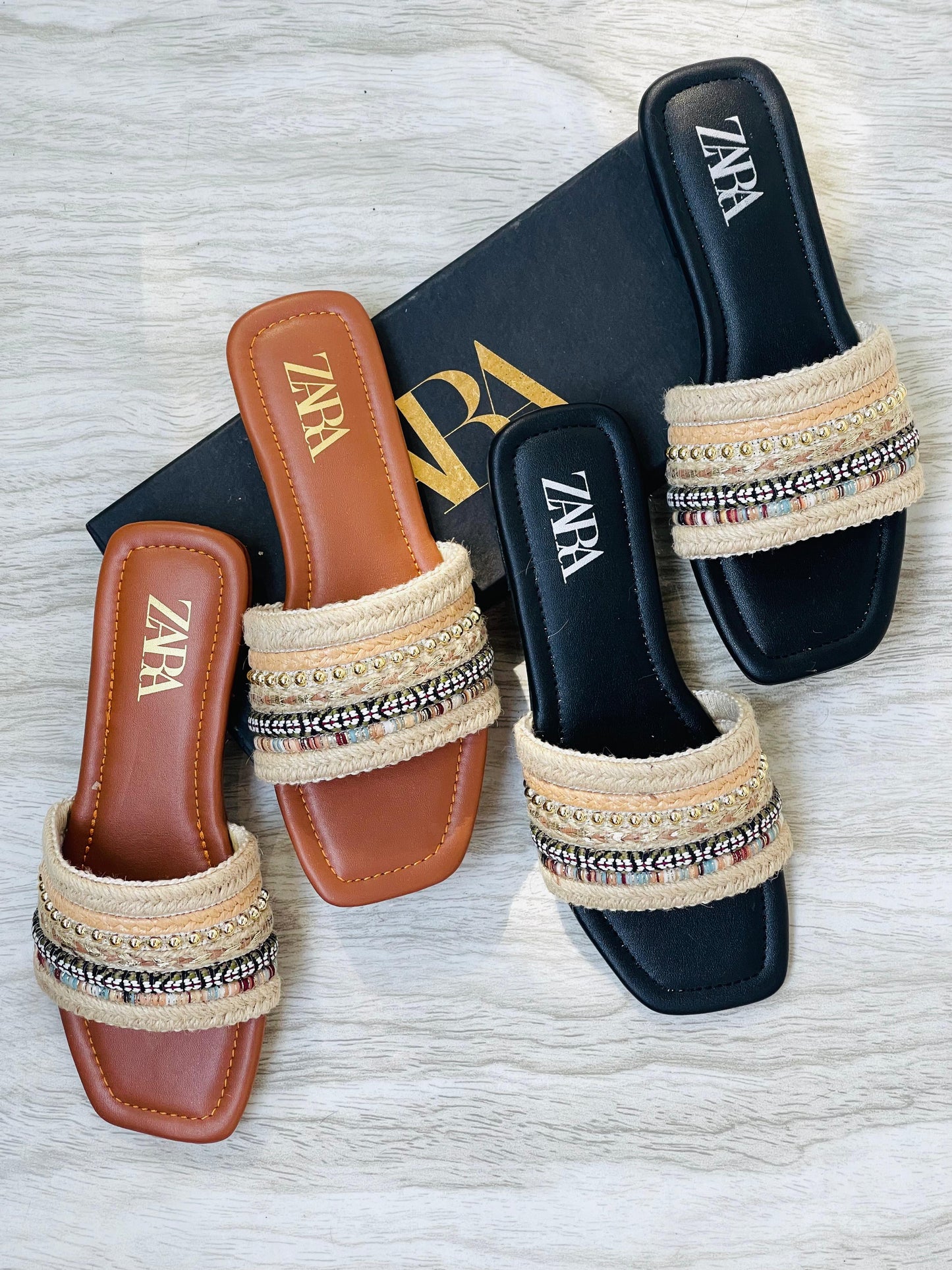 ZARA Beaded Raffia Flat Slides