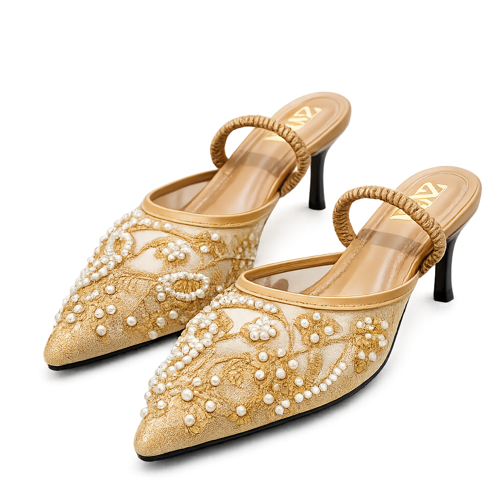 Zara Embellished Mesh Pointed Heel Slides