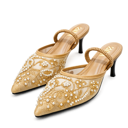 Zara Embellished Mesh Pointed Heel Slides