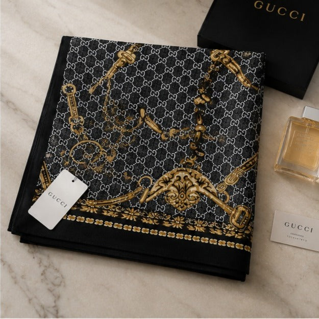 Gucci GG Equestrian Silk Blend Luxury Stole – Black Edition