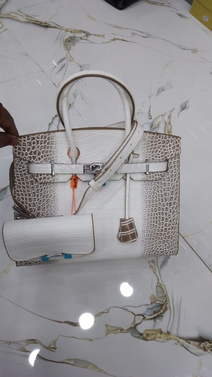 Hermès Birkin Style Croc-Embossed Tote with H Mini Pouch (Dual-Tone)