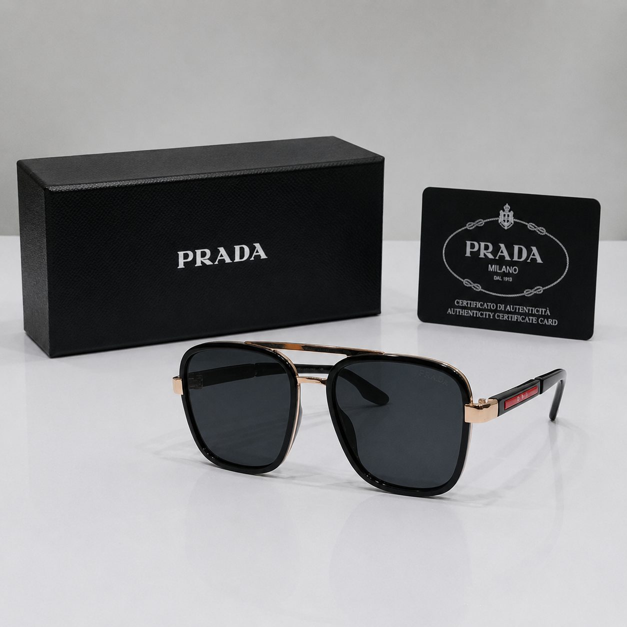 Prada Linea Rossa Square Aviator Sunglasses – Black & Gold Edition