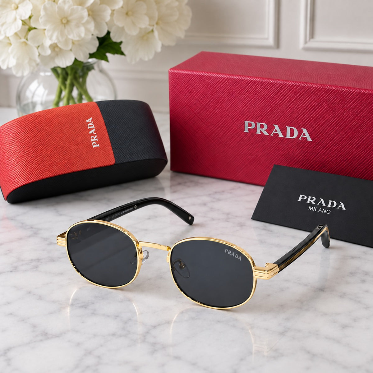 Prada Gold Metal Round Sunglasses – Black
